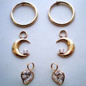 Vintage 14k Yellow Gold Hoop Clip On Earrings 2 Pairs CZ Moon Heart Charm Set